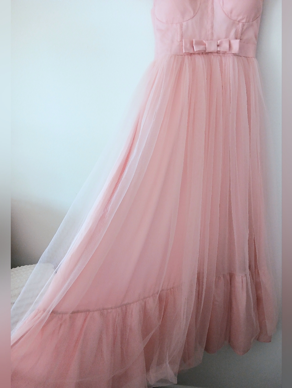 Blush PINK Tulle Midi DRESS Ruffle Bow Waist MABLE Graduation Wonen's Size M - Picture 14 of 15